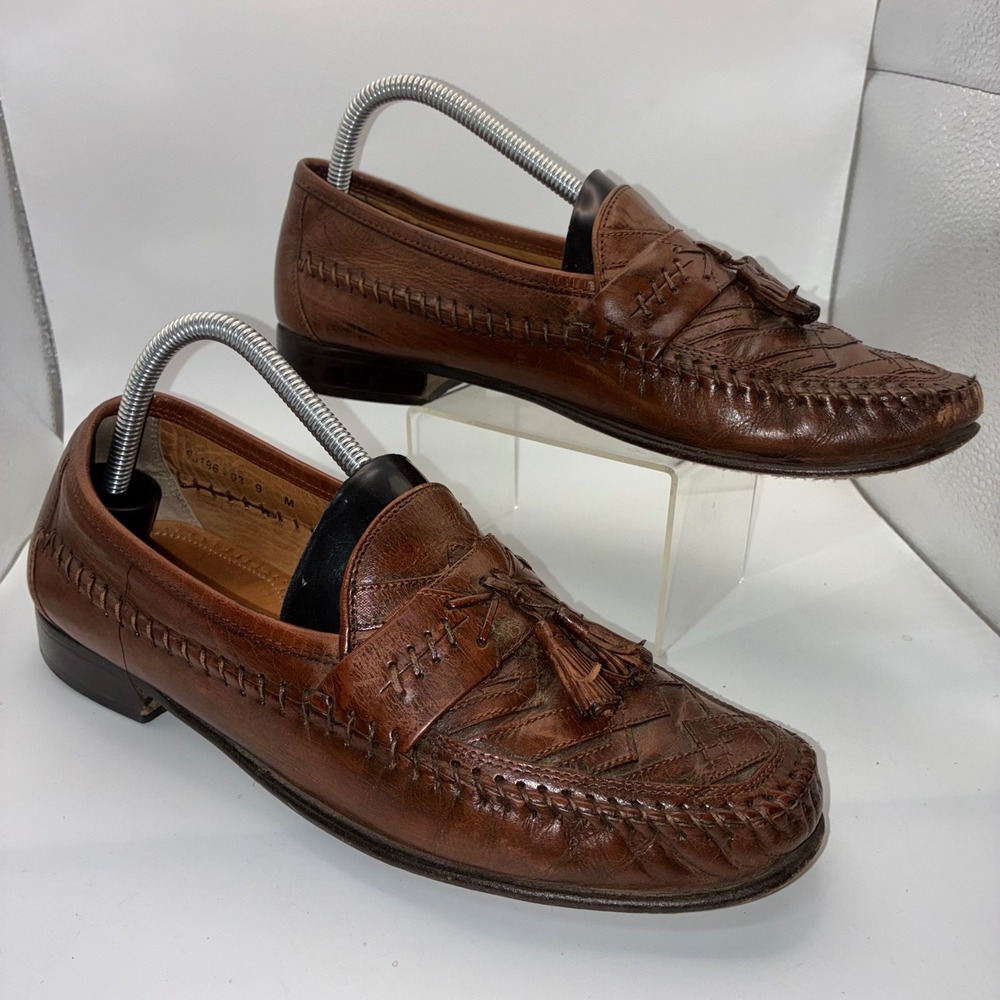 Brass Boot Mens Brown Leather Woven Tassel Loafers Made in Italy‎ Size 9 M